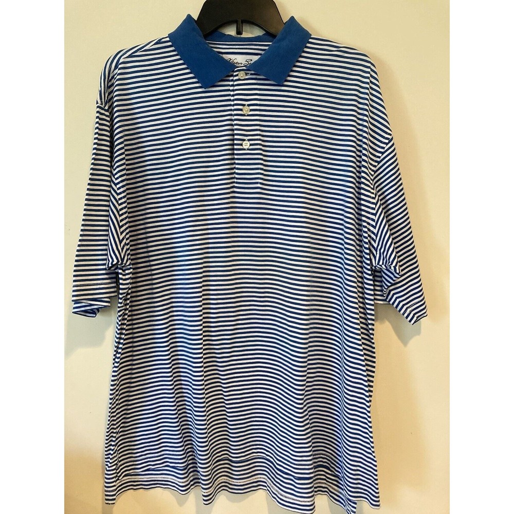 Victor Scot Champion Apparel Polo Shirt Blue/White Stripe Mens Size L - EUC